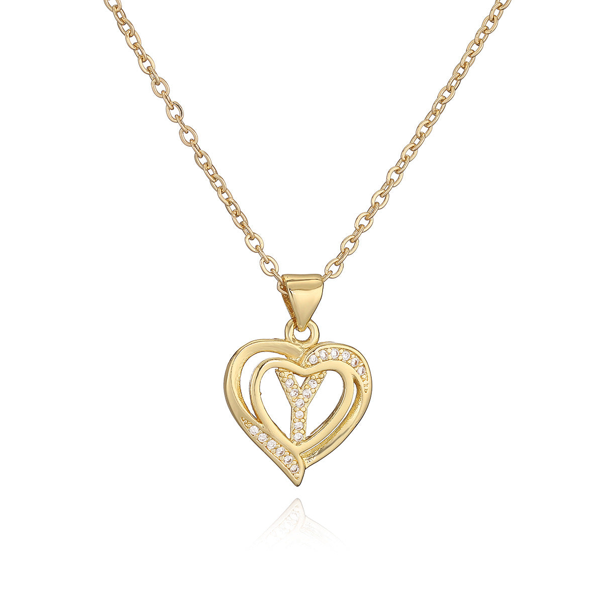 Collana con Pendente Minimalista in Rame, Placcatura in Oro 18K e Dettagli in Zircone a Forma di Cuore e Lettera per Donne