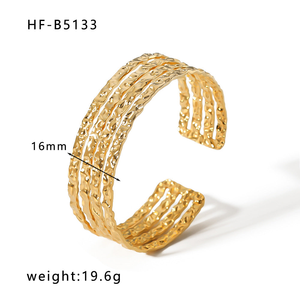 Adjustable Open Bangle Bracelet for Women in Stainless Steel with 18K Gold Plating, Hollow-Out Design, Textured Chain and Irregular Woven Pattern