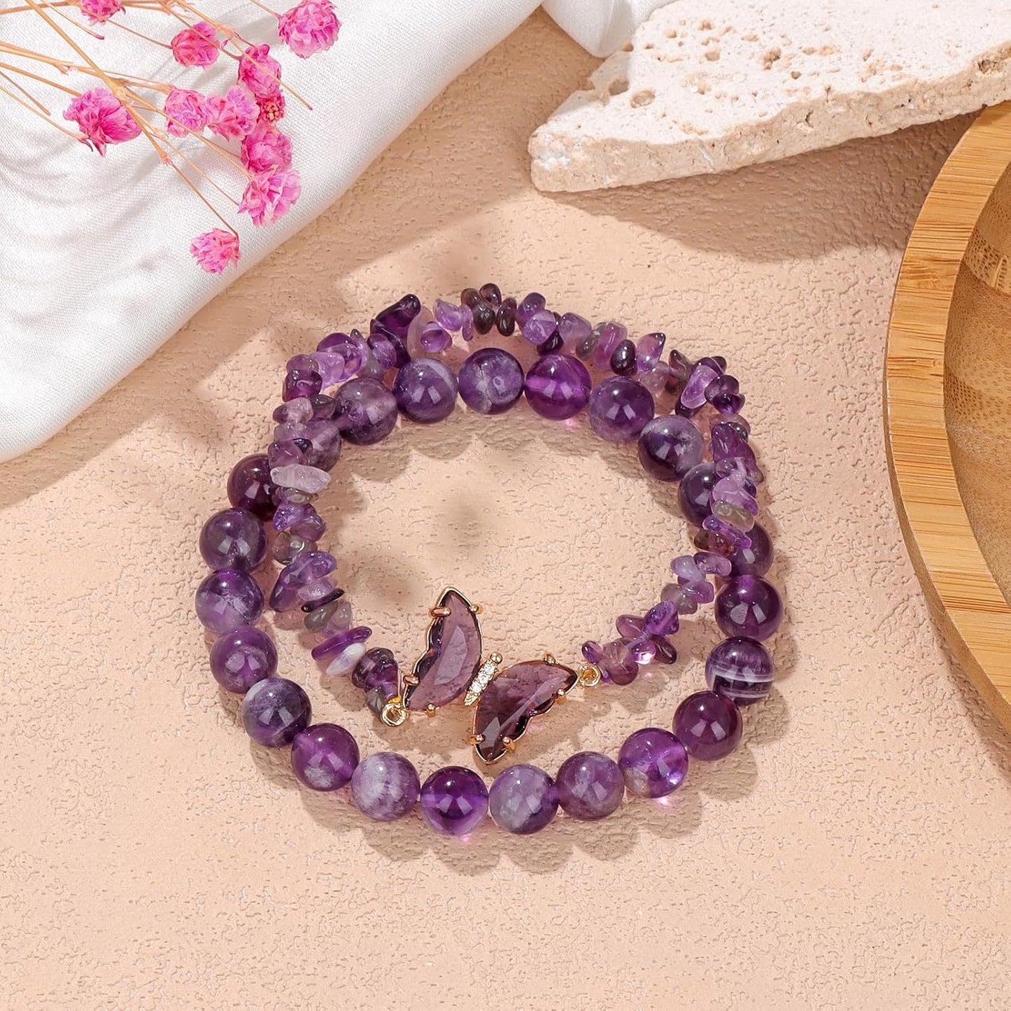 Minimalist Natural Amethyst and White Cat's Eye Crystal Chip Beaded Bracelet with Butterfly Charm for Women