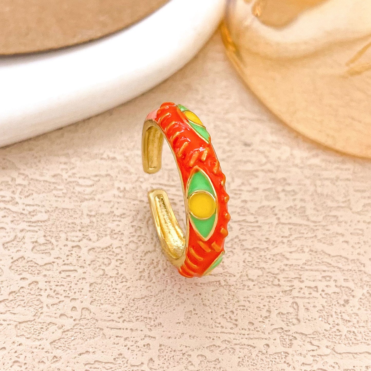 Sweet Alloy Gold Plated Drip Oil Round Oval Ring with Polka Dot Evil Eye Design for Women