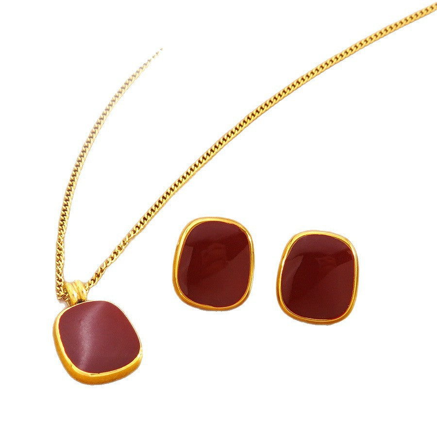 Sweet Minimalist 18K Gold Plated Square Drip Oil Stainless Steel Necklace and Earring Set for Women