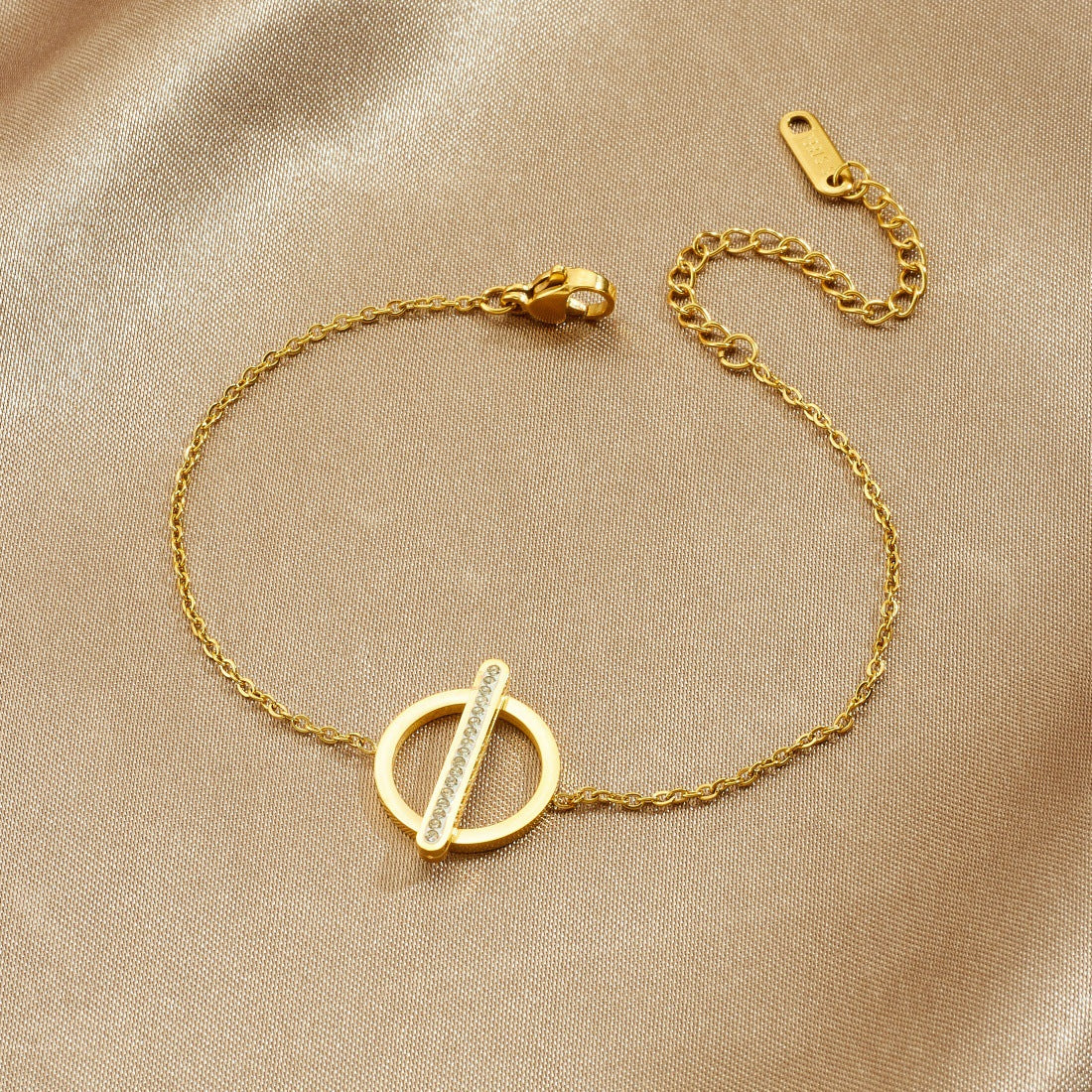 Minimalist Gold Plated Geometric Round Rectangle Rhinestone Inlay Stainless Steel Pendant Chain Bracelet for Women