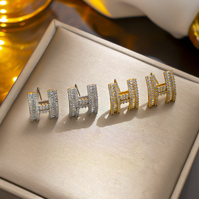 Cartoon Style Letter H Shaped Zirconia Stud Earrings for Women in Copper with Elegant Minimalist Aesthetic
