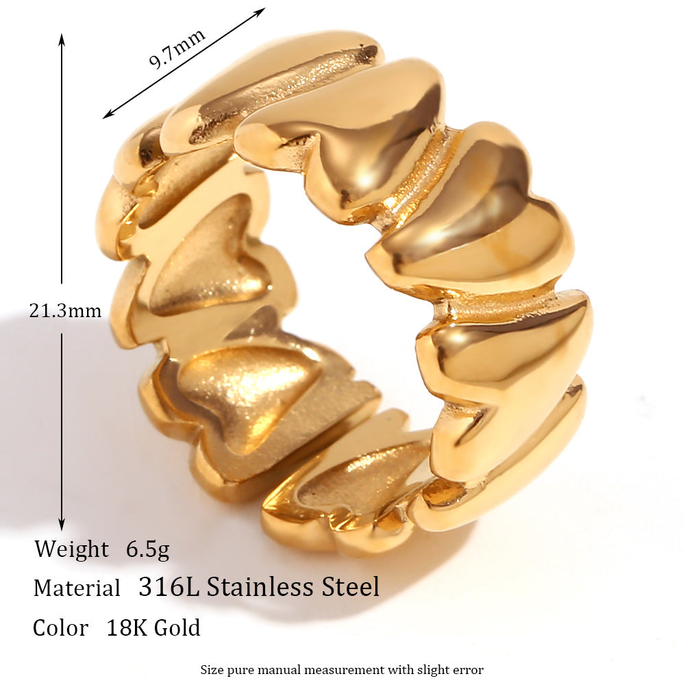 Vintage-Inspired Geometric Stainless Steel Ring with 18K Gold Plating and Micro-Pave Heart Flower Design for Women