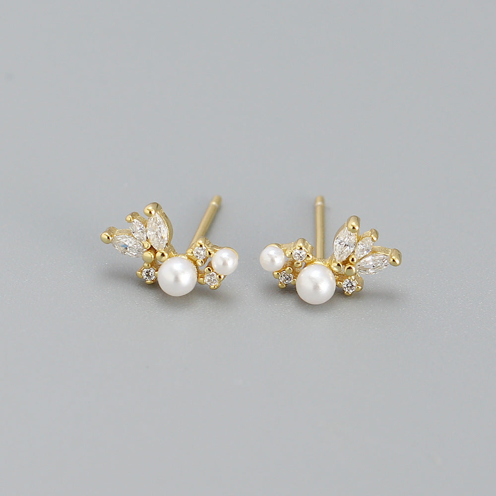 Sweet Elegant 925 Sterling Silver Geometric Round Oval Pearl Cubic Zirconia Stud Earrings for Women