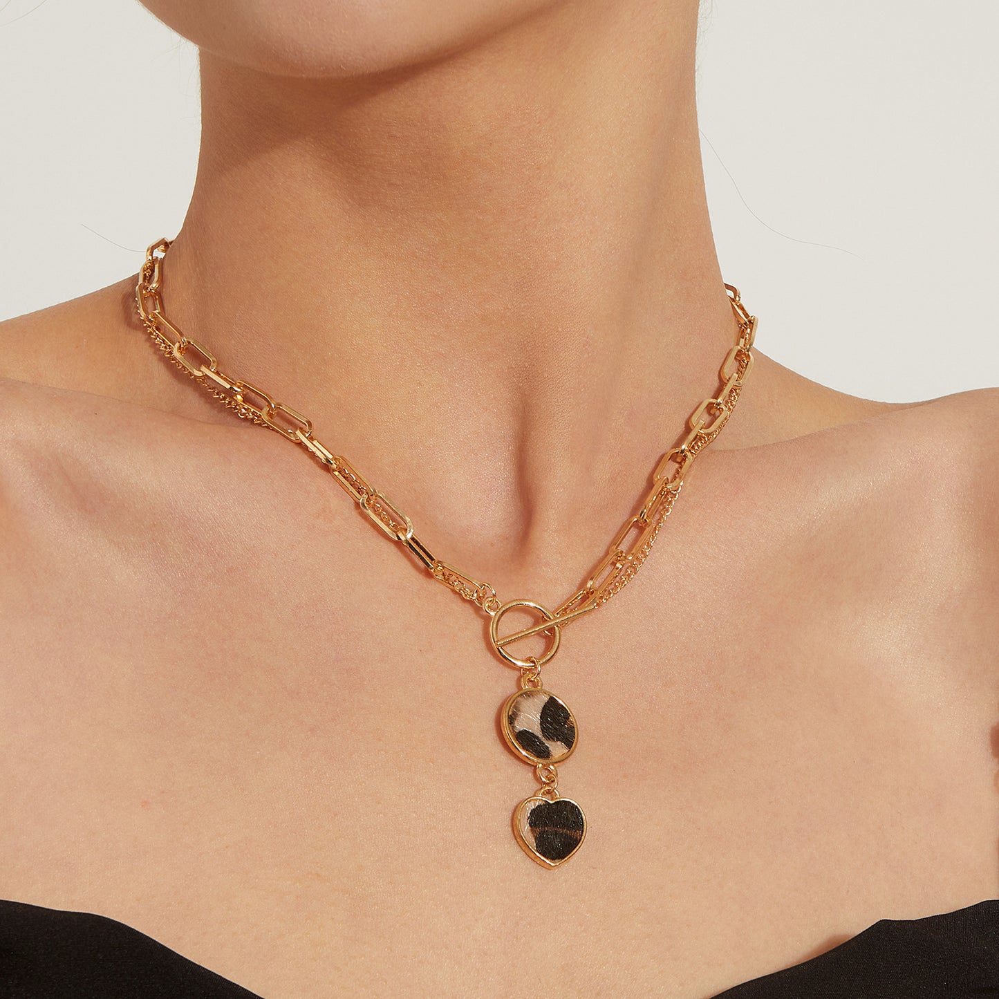Fashion Leopard Print Heart-Shaped Alloy Necklace for Women with Plated Bamboo Link Chain