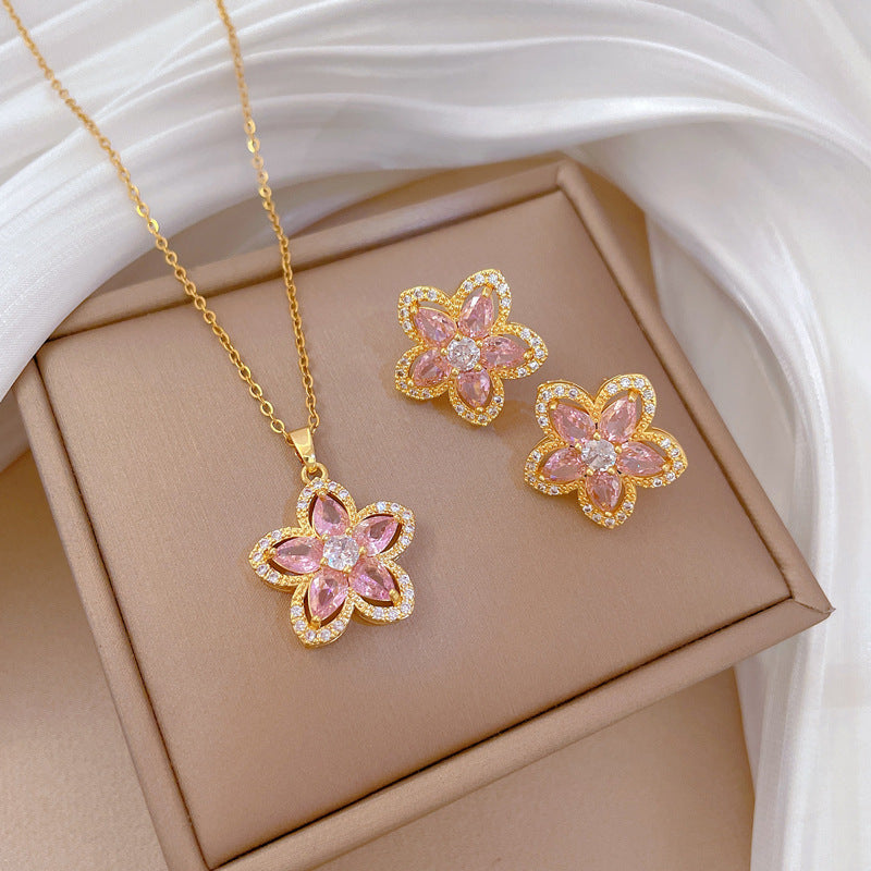 Sweet and Fresh Pink Five-Petal Flower Pendant Necklace in Titanium Steel with Rhinestone Inlay for Women