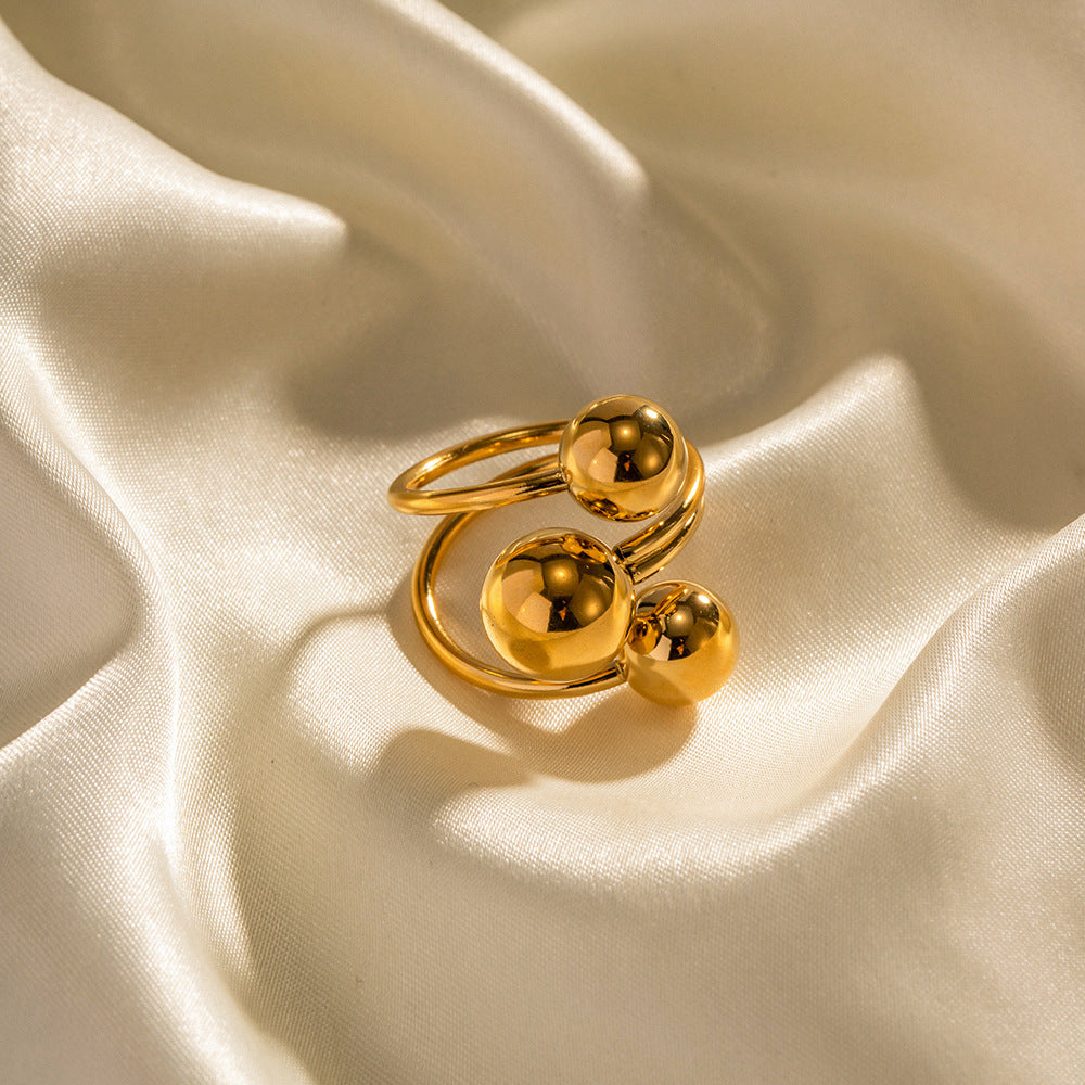 Fashionable 18K Gold Plated Stainless Steel Geometric Three-Ball Open Ring for Women