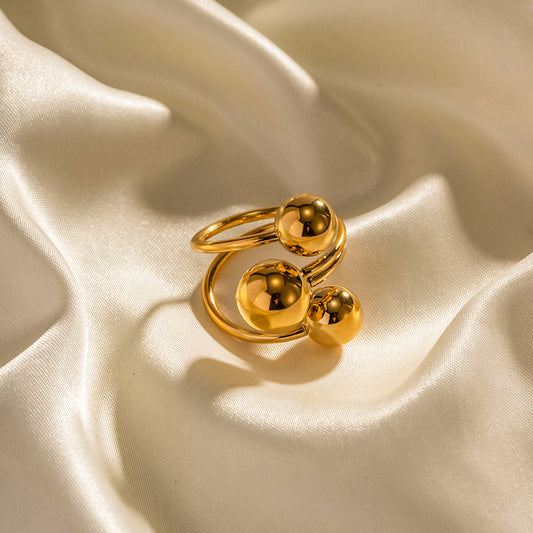 Fashionable 18K Gold Plated Stainless Steel Geometric Three-Ball Open Ring for Women