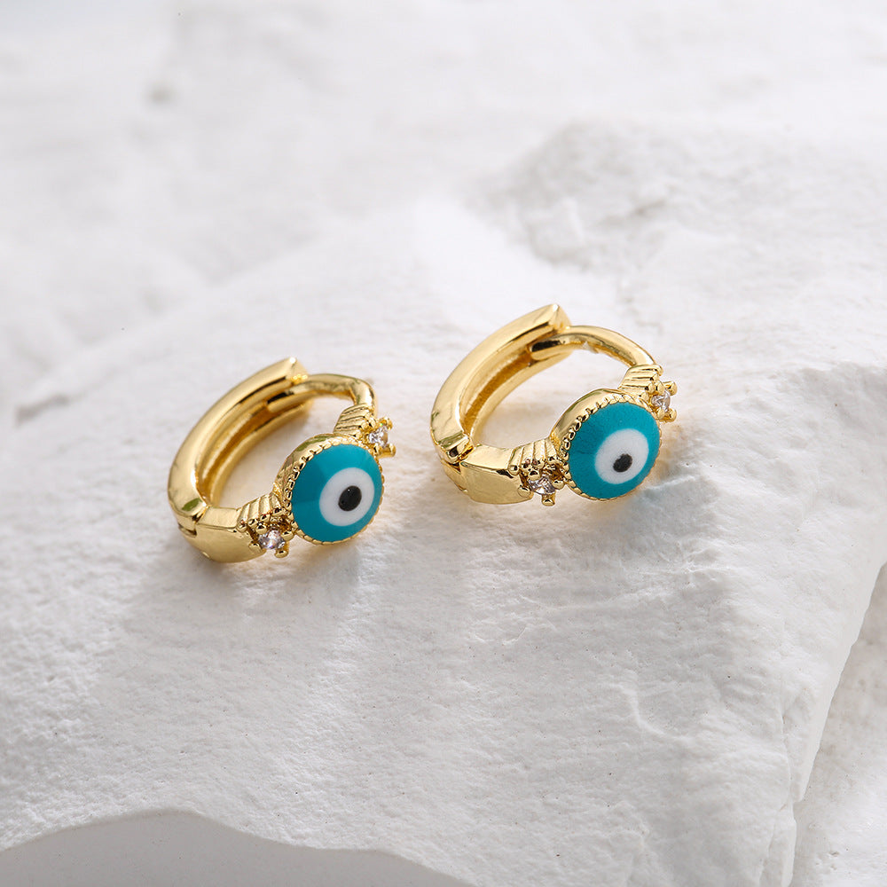 Minimalist Geometric Copper Earrings with 18K Gold Plating and Enamel Evil Eye Design for Women