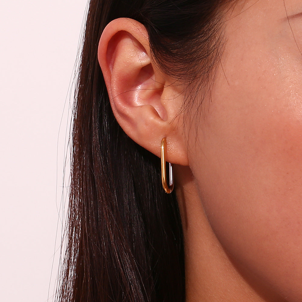Fashion Minimalist Geometric Long O-Hoop Earrings Stainless Steel 18K Gold Plated for Women