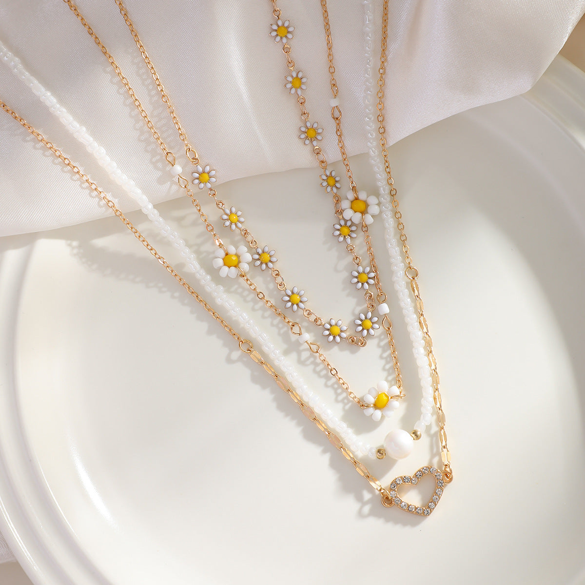Sweet Floral Heart Rhinestone & Imitation Pearl Alloy Plated Necklace Set for Women