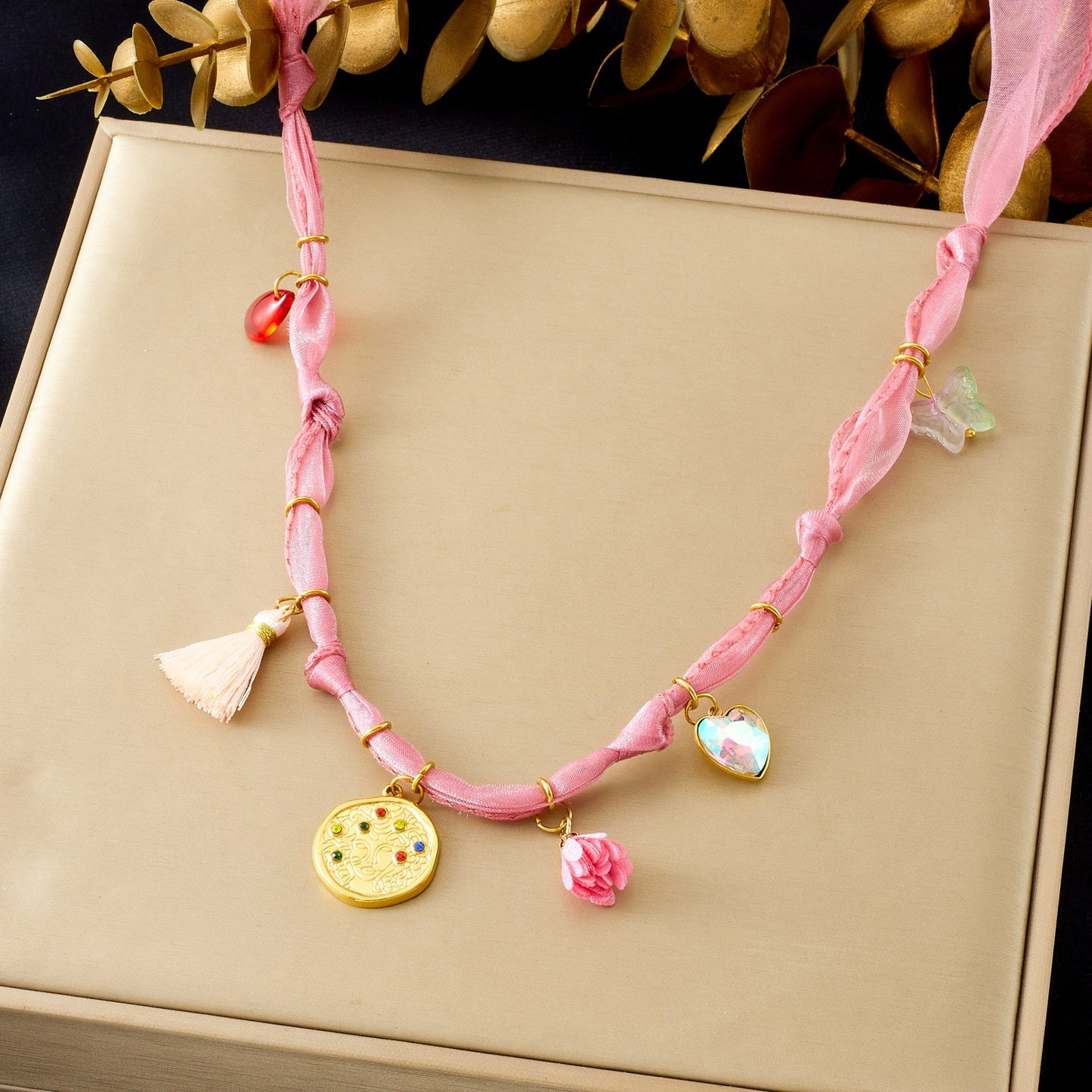 Elegant Gold Plated Stainless Steel Drip Oil Floral Ribbon Pendant Necklace for Women