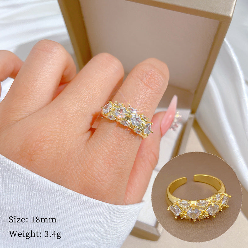 Minimalist Geometric Gold-Plated Brass Open Ring for Women with Crown Shape and Rhinestone Inlay