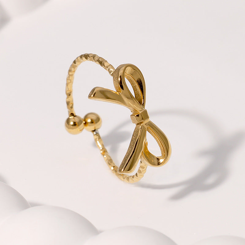 Cute Bow-Shaped Adjustable Open Ring in Stainless Steel with Gold Plating for Women