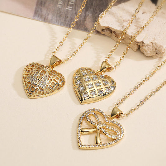 Minimalist Vintage 18K Gold Plated Brass Heart Cubic Zirconia Pendant Necklace for Women