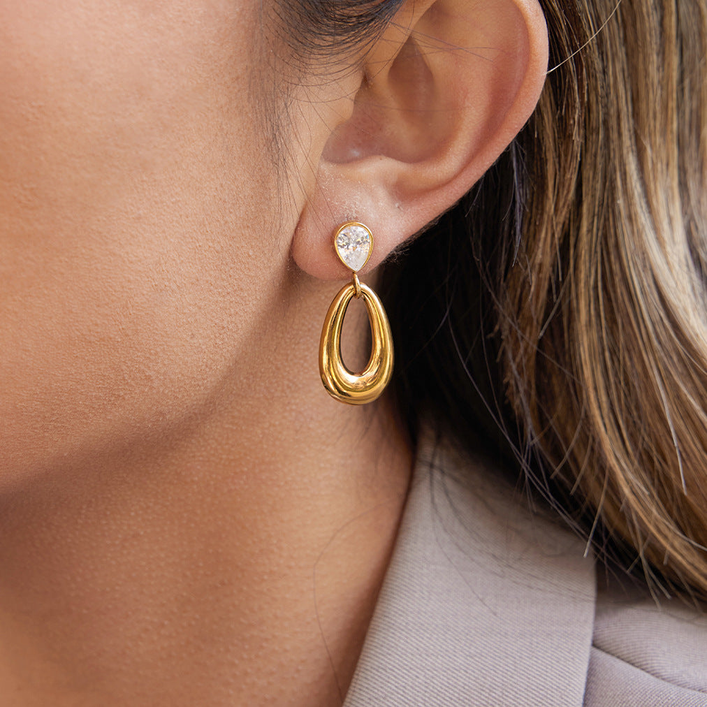 Orecchini a goccia geometrici di lusso, borchie in acciaio inossidabile placcato oro 18 carati con zirconi per donna
