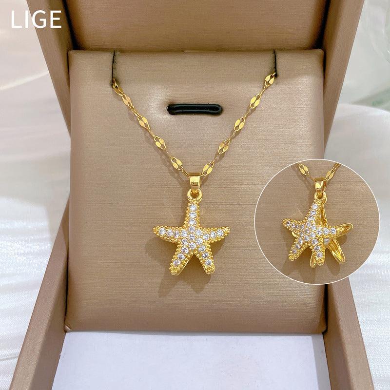 Luxury Titanium Steel Starfish Pearl Necklace with Full Rhinestone Inlay for Women, Geometric Design Delicate Clavicle Chain