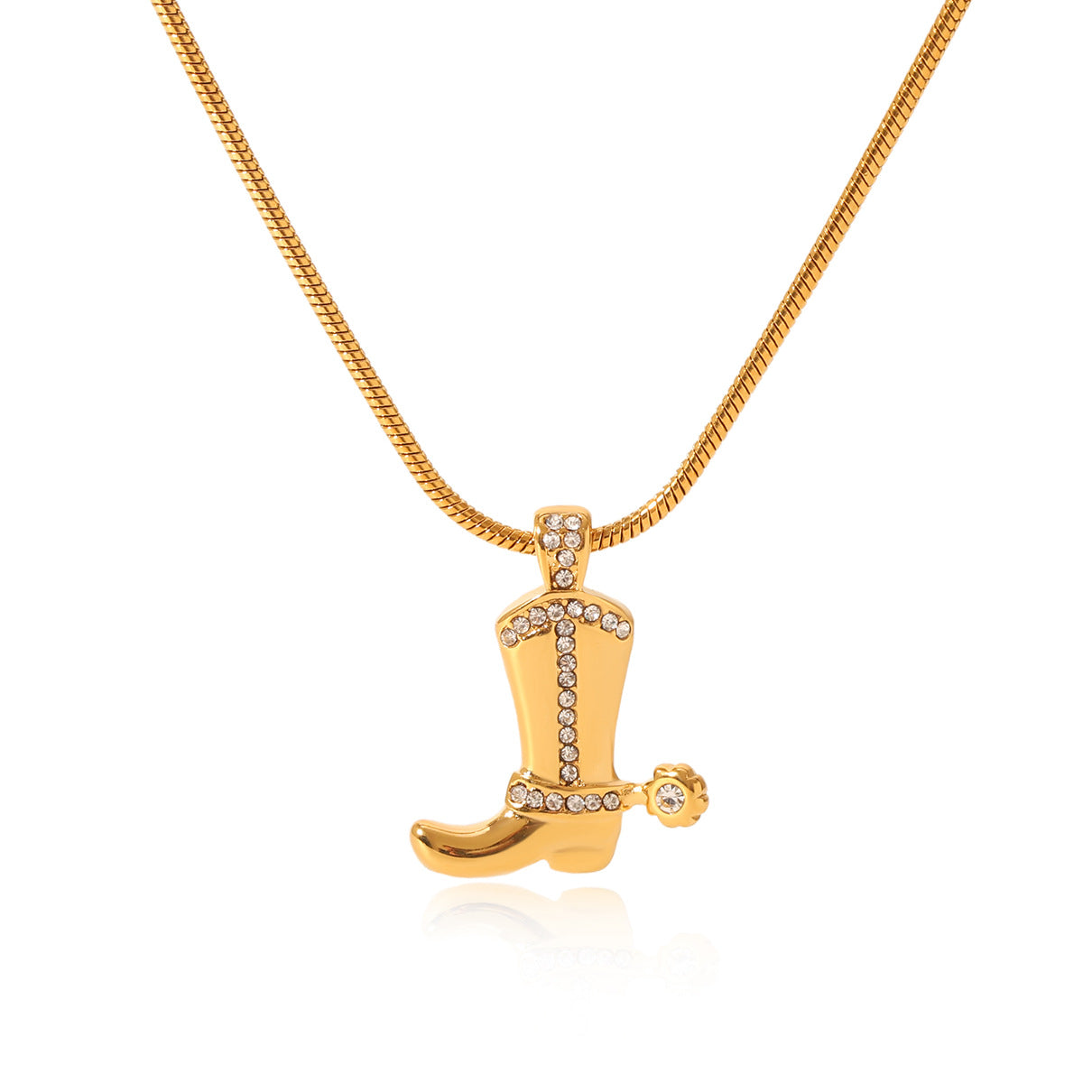 Minimalist Geometric Cowboy Boot Pendant Necklace in Stainless Steel with Rhinestone Inlay on Snake Chain