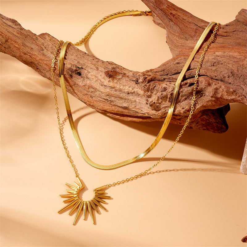 Vintage-Inspired Stainless Steel Necklace Earrings and Bracelet Set for Women Fan Shape Fashion Office Jewelry Set
