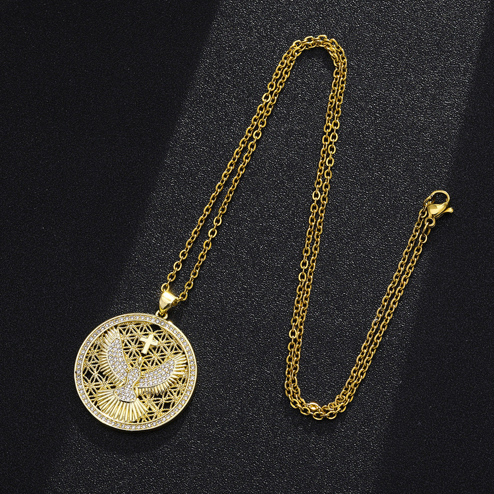 Collana con Ciondolo a Croce Etnica Vintage Aquila Guardiana Placcata Oro 18K Rame con Zirconia Cubica e Catenina a O Unisex