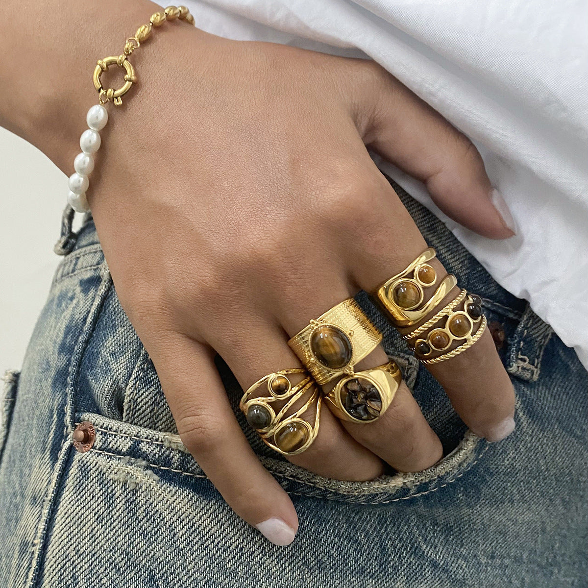Geometric Stainless Steel Tiger Eye Ring with Plating Finish for Men and Women