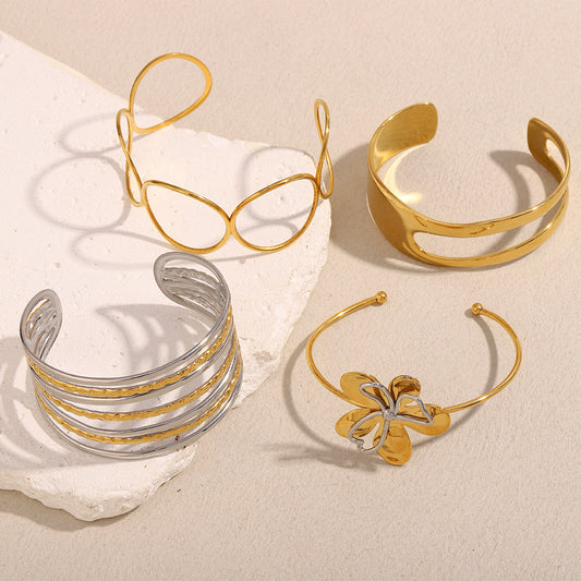 Minimalist Asymmetrical Double-Layer Stainless Steel Bracelet with 18K Gold Plating and Circular Floral Design for Women
