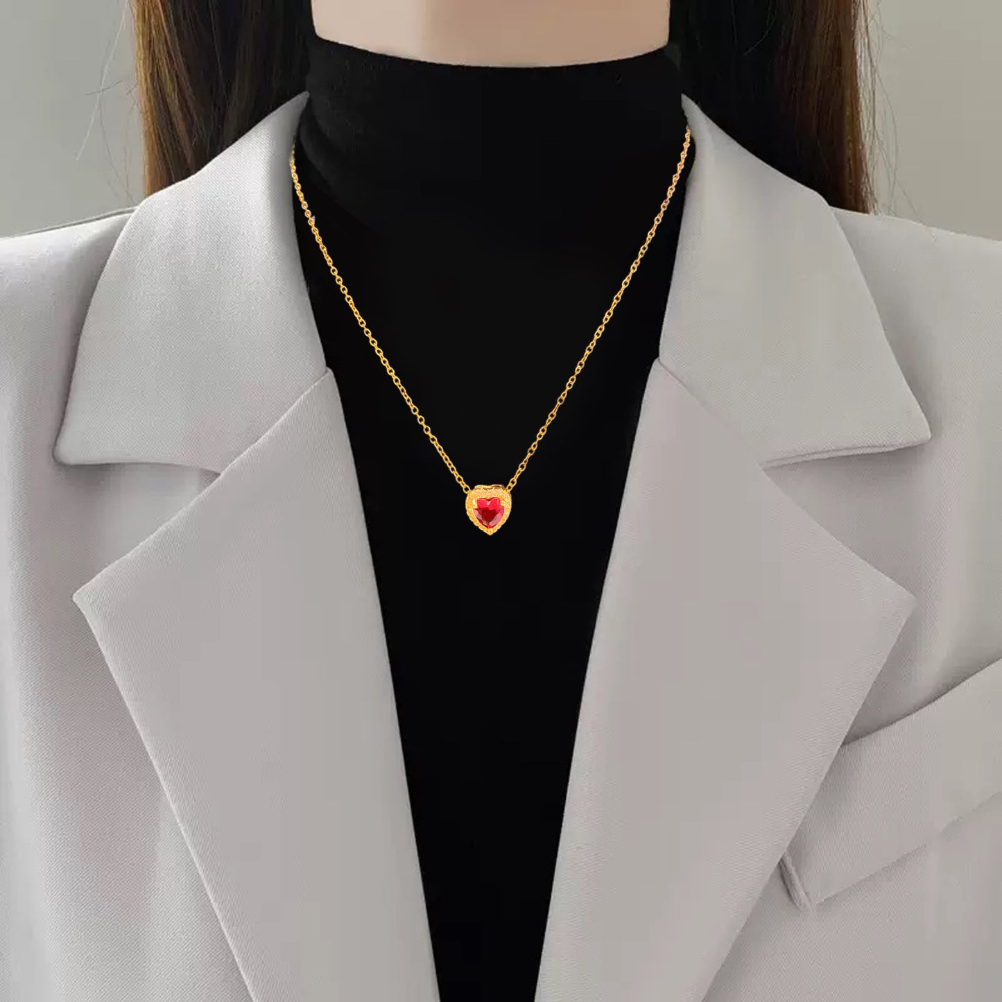 Vintage Geometric Heart Titanium Steel Plated Necklace with Cubic Zirconia Inlay