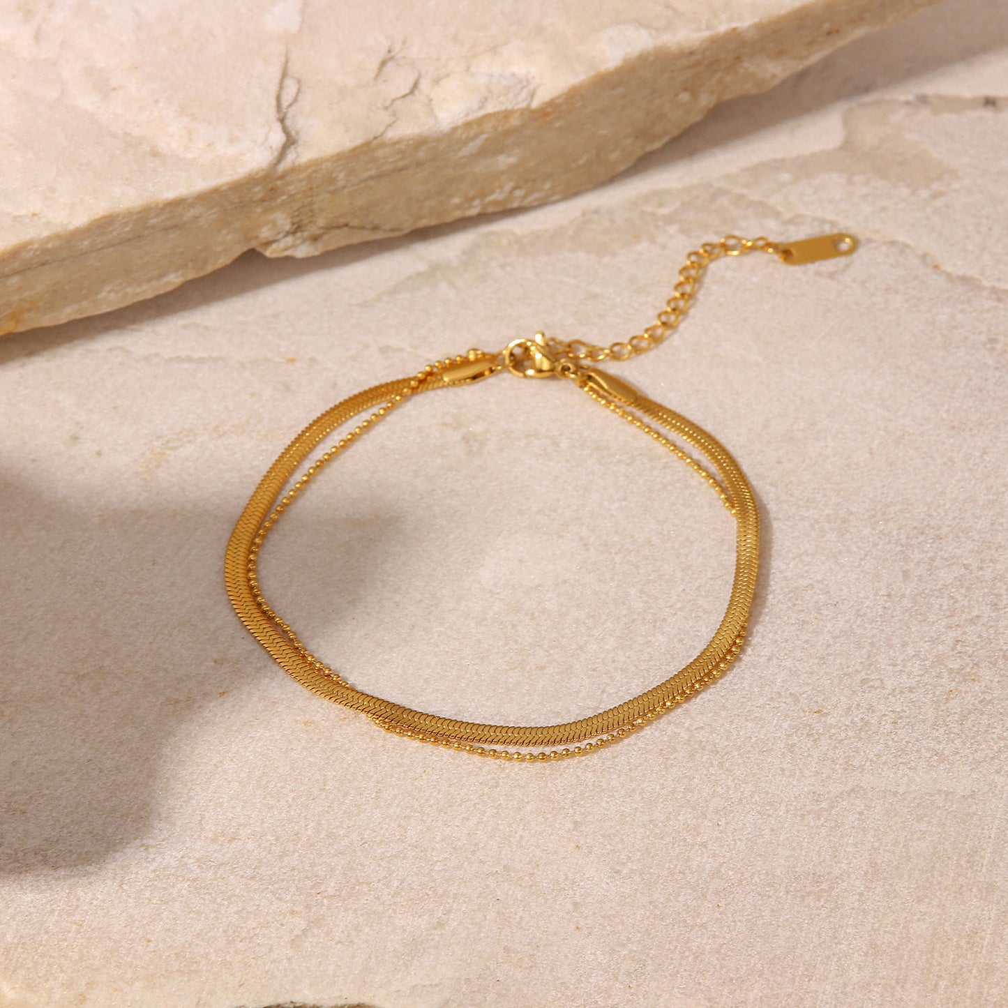 Minimalist Geometric Titanium Steel Anklet with 18K Gold Plated Blade Chain and Snake Chain Dual-Layer Design