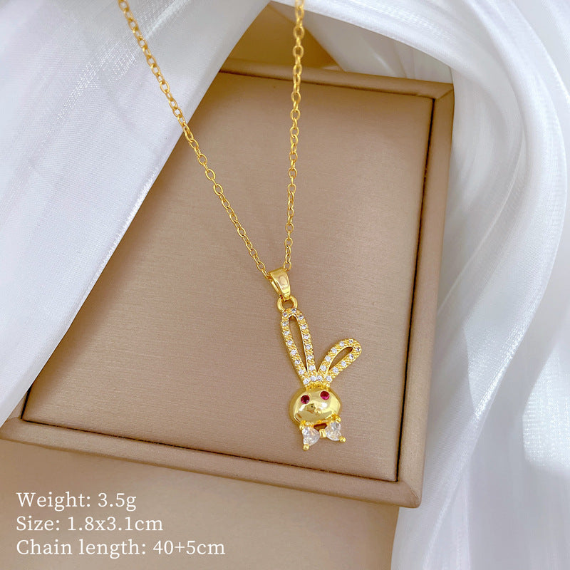 Minimalist Rabbit Pendant Necklace in Stainless Steel with Rhinestone Inlay for Women and Unisex Wear