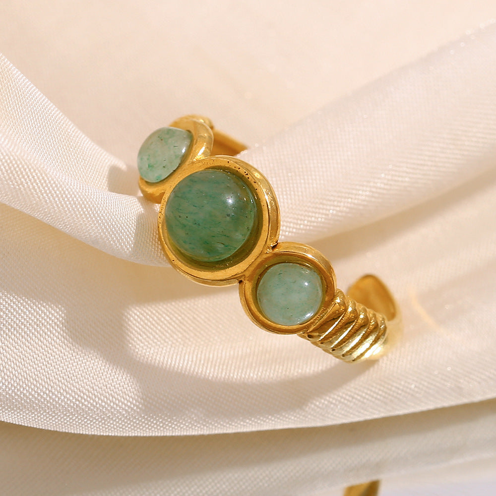 Minimalist Vintage Geometric Stainless Steel Ring with 18K Gold Plating and Green Aventurine Accents for Women