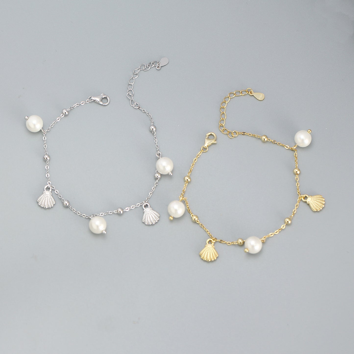 Sweet 925 Sterling Silver Geometric Pearl Shell Charm Bracelet for Women