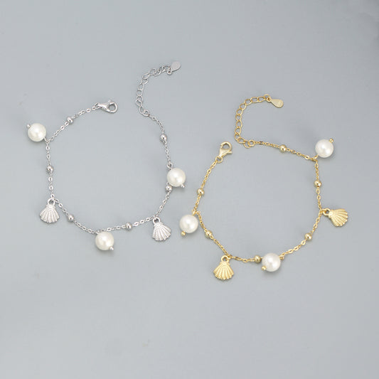 Bracciale da donna con ciondolo a conchiglia di perle geometriche in argento sterling 925 dolce