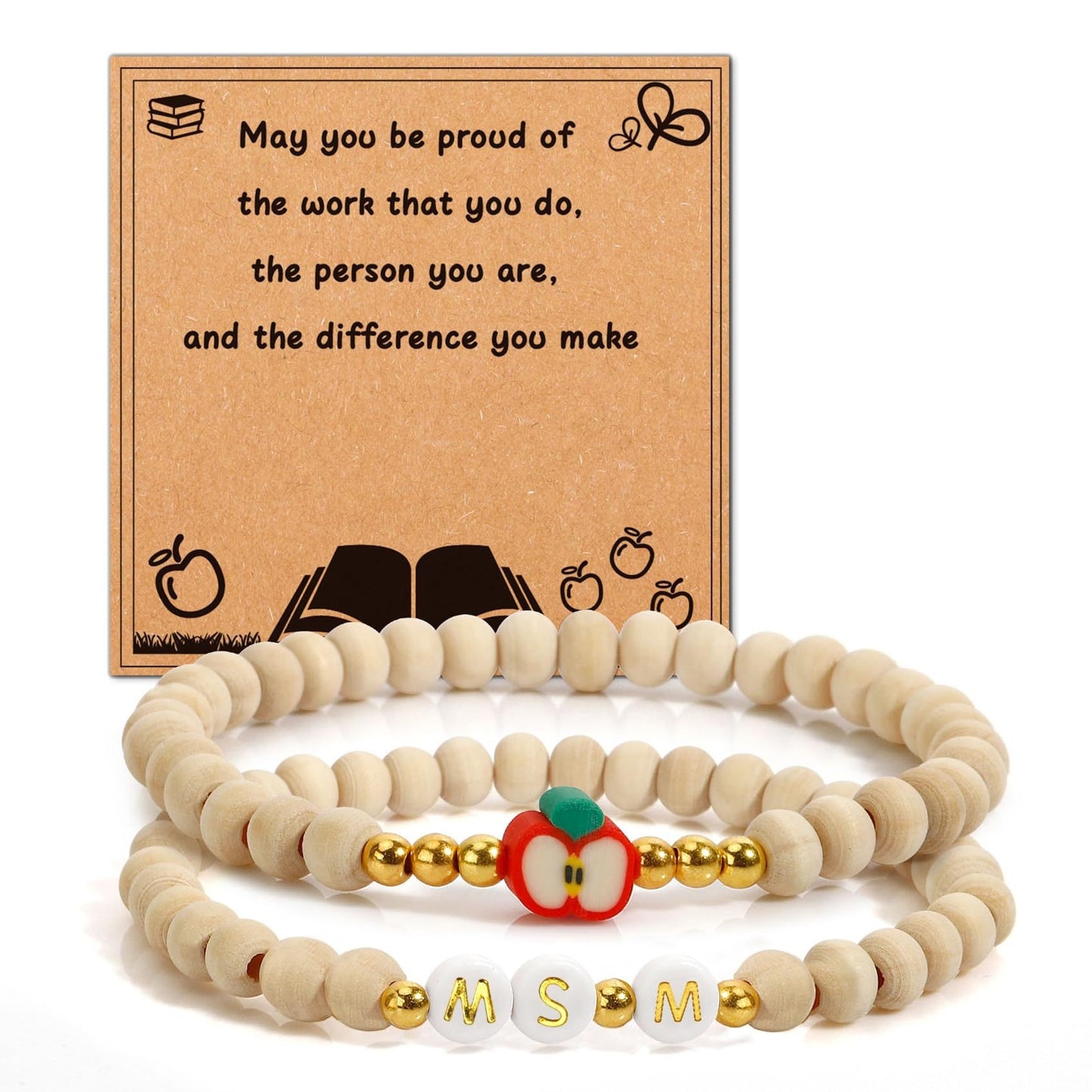 Handmade Wood Bead Apple Charm Bracelet for Women