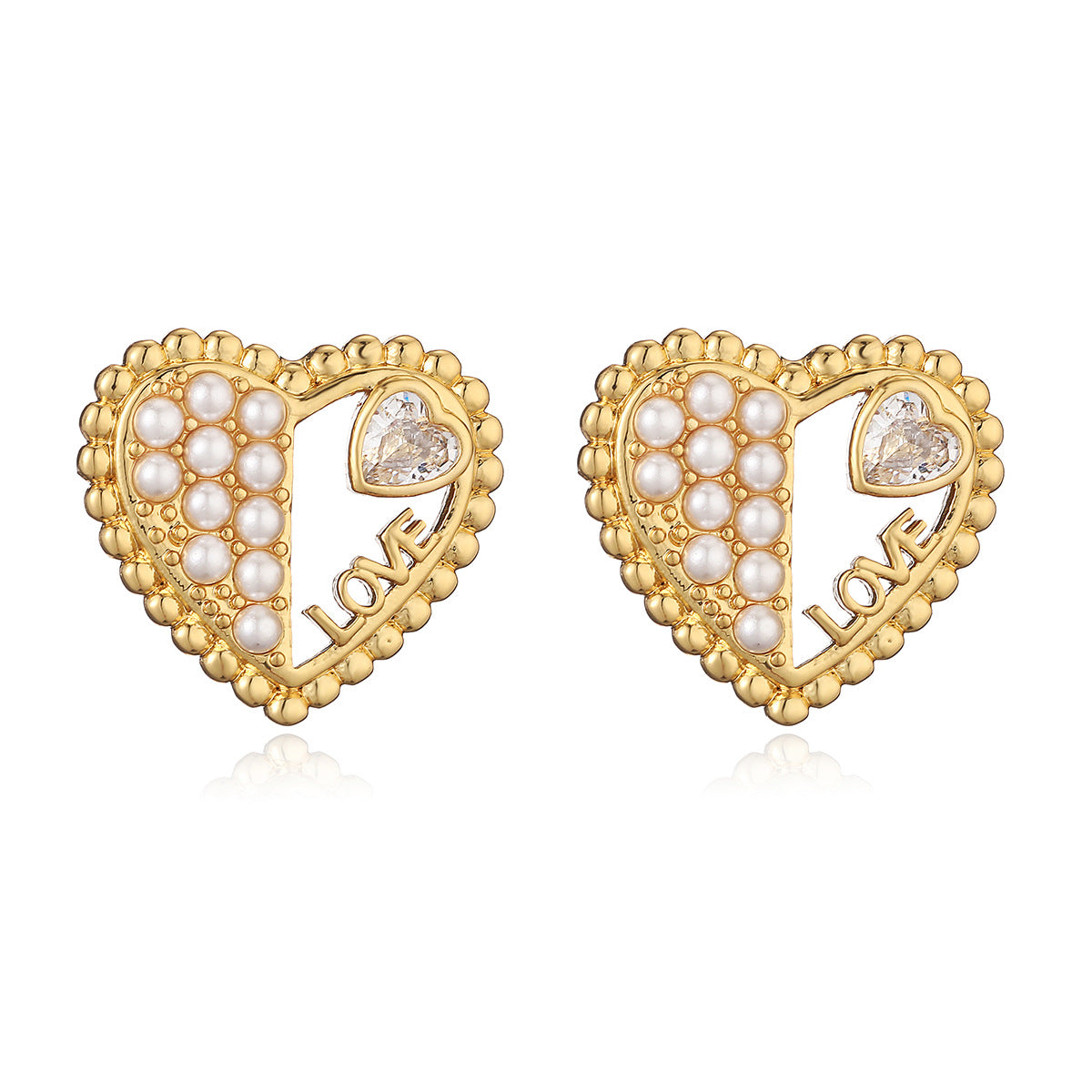 Orecchini a cuore minimalisti in rame placcato oro 18 carati con micro-zirconi e perle, per donna