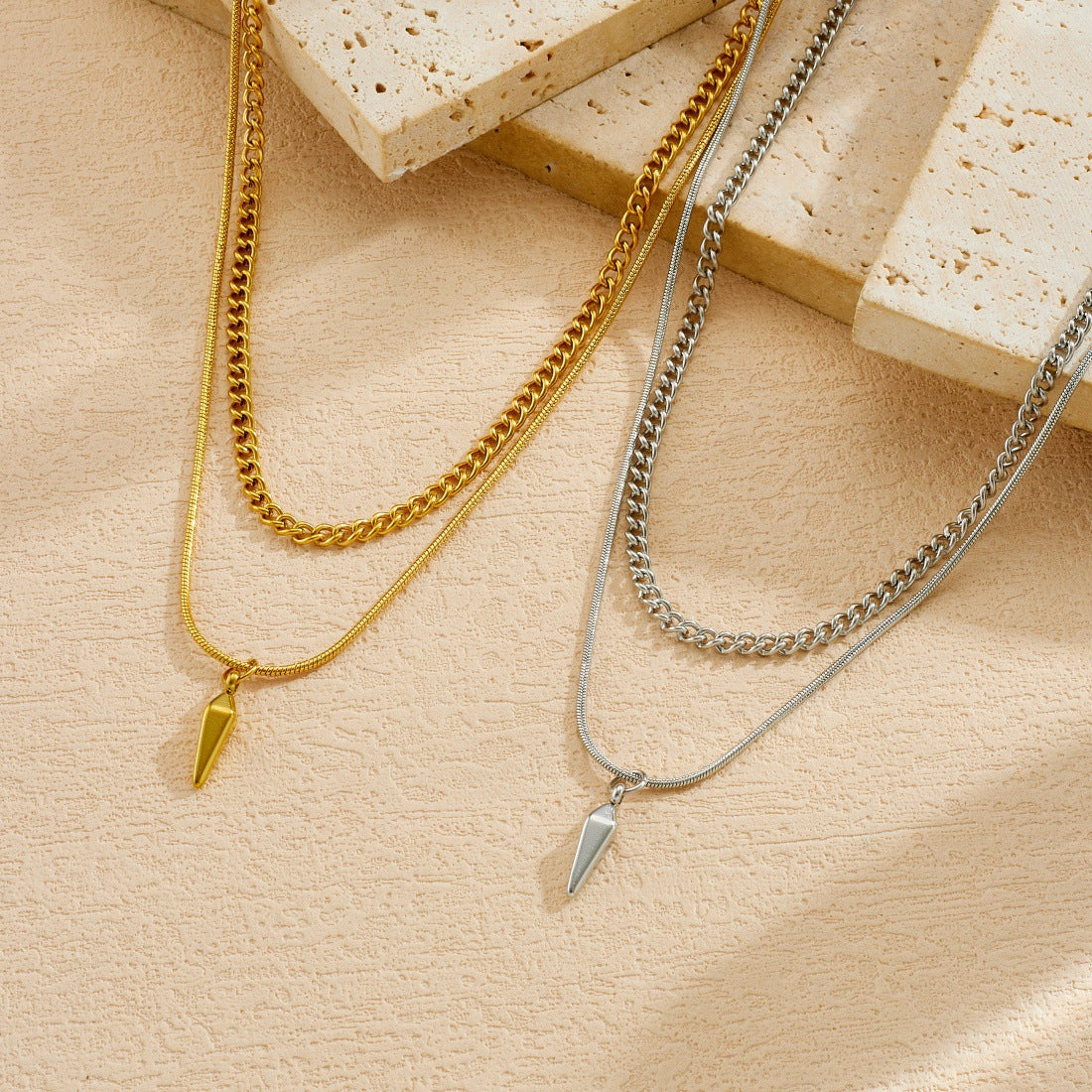 Punk Hip-hop Gold Plated Stainless Steel Rivet Pendant Double Layer Snake Chain Necklace