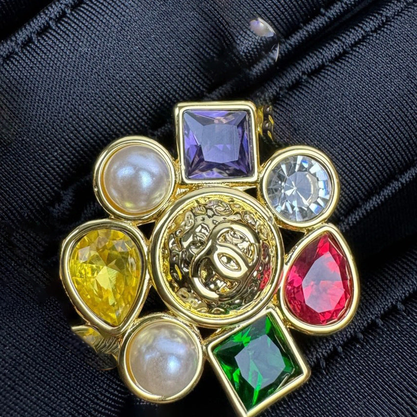Vintage Elegant Letter Floral Gold Plated Brass Crystal Ring for Women