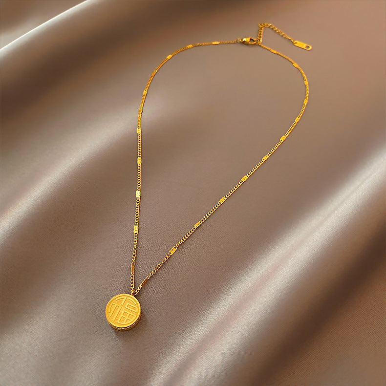 Fashionable Chinese Character Fu Pendant Necklace for Women Titanium Steel Snake Chain with Rhinestone Inlay Minimalist Lock Collar Design