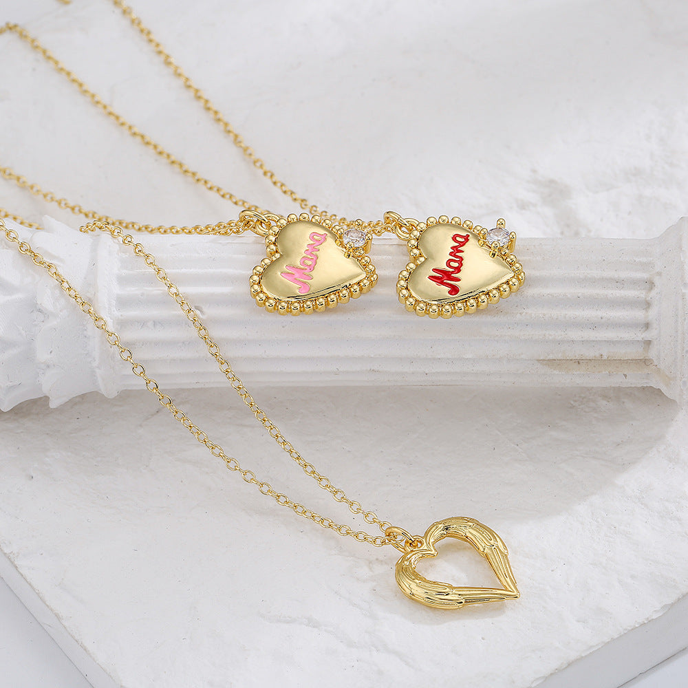 Minimalist MAMA Heart Pendant Necklace for Women with Copper Base Plated in 18K Gold and Zircon Inlay