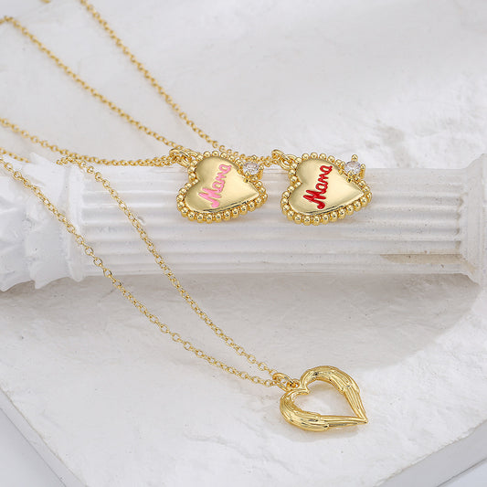 Minimalist MAMA Heart Pendant Necklace for Women with Copper Base Plated in 18K Gold and Zircon Inlay