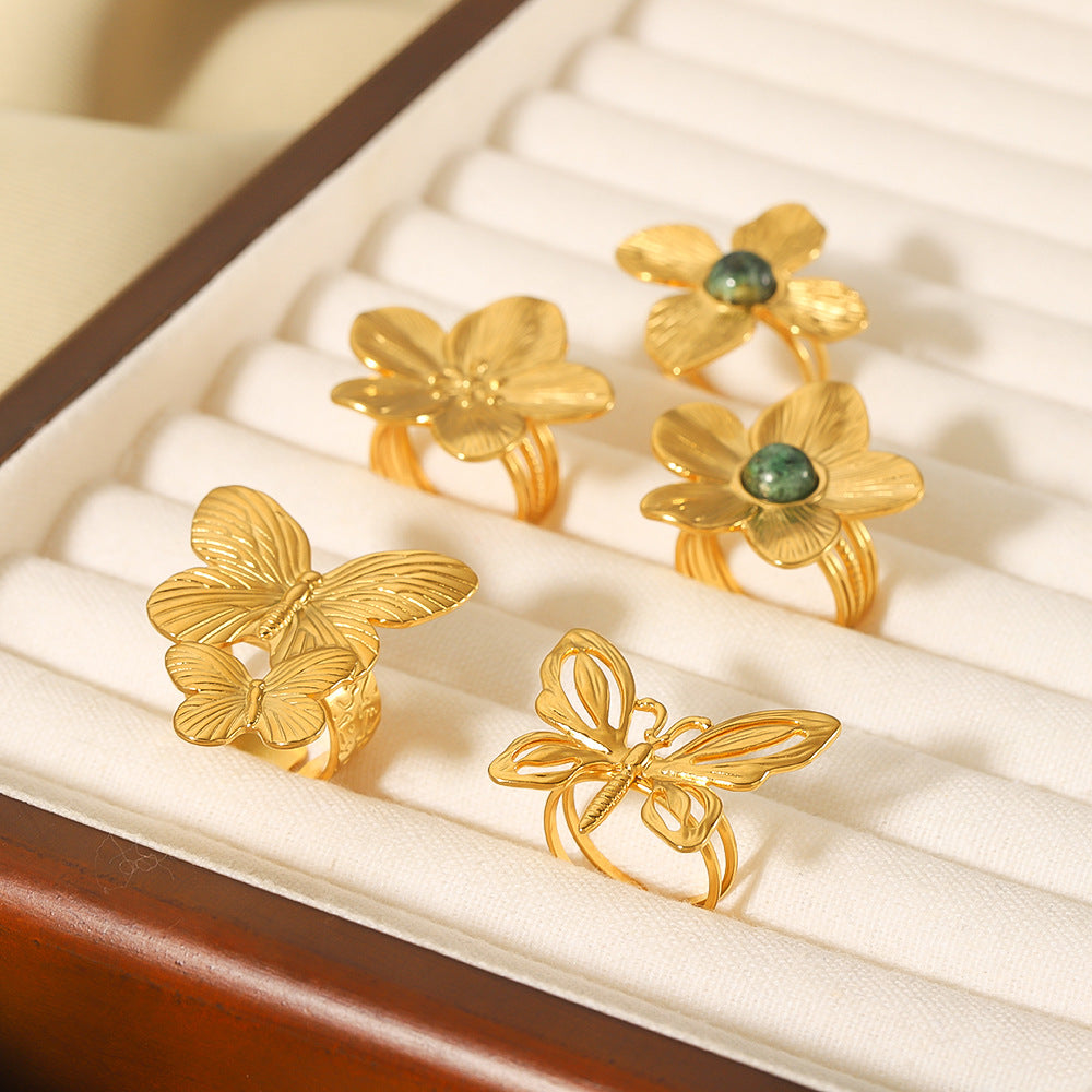 Floral Butterfly Shaped Stainless Steel Ring with 18K Gold Plating and Turquoise Inlay for Women