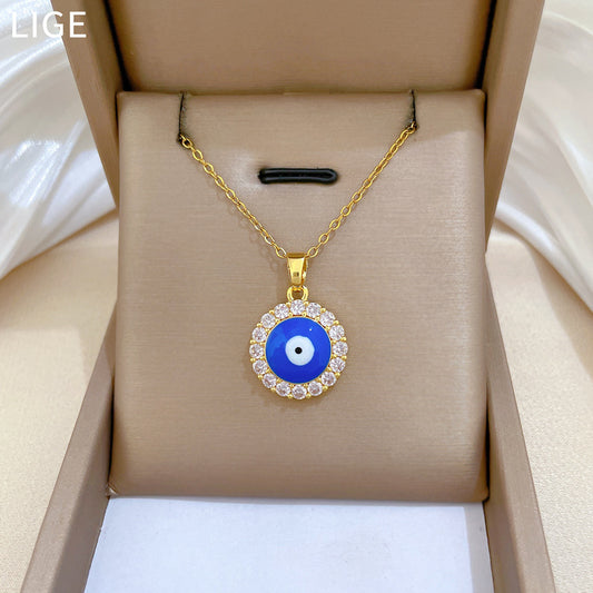 Sweet Round Rhinestone Evil Eye Pendant Necklace Titanium Steel Cable Chain for Unisex