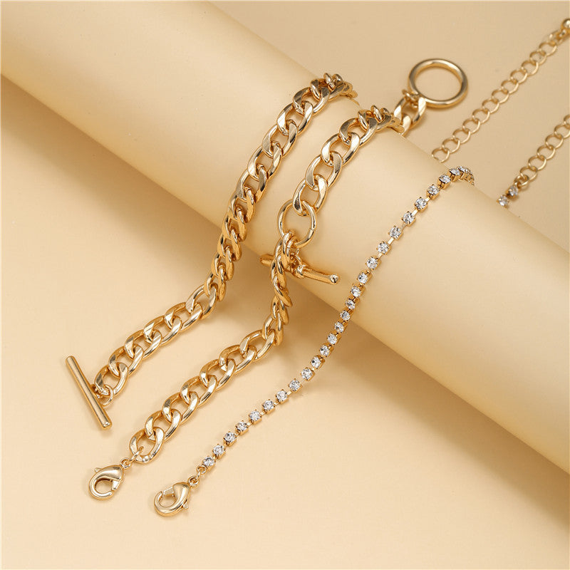 Vintage Elegant Geometric Round Rhinestone Plated Alloy Cable Chain Bracelet Set for Women