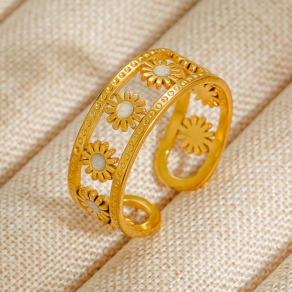 Vintage INS Style Stainless Steel Adjustable Ring with Natural Stone Inlay in Geometric Heart Zodiac and Animal Shapes