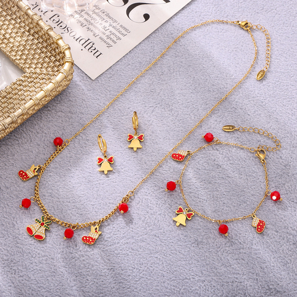 Set Collana con Ciondolo Ruota Panoramica di Lusso con Catena in Acciaio Inossidabile, Intarsio in Zirconi, Ciondolo in Agata Rossa Smaltata e Motivo Campanella Natalizia per Donna