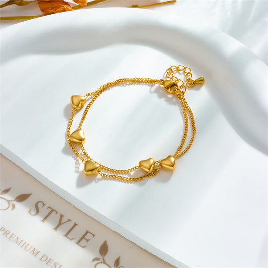 Brazalete de acero de titanio con forma de corazón de cadena de serpiente de doble capa, chapado, elegante y minimalista para mujer
