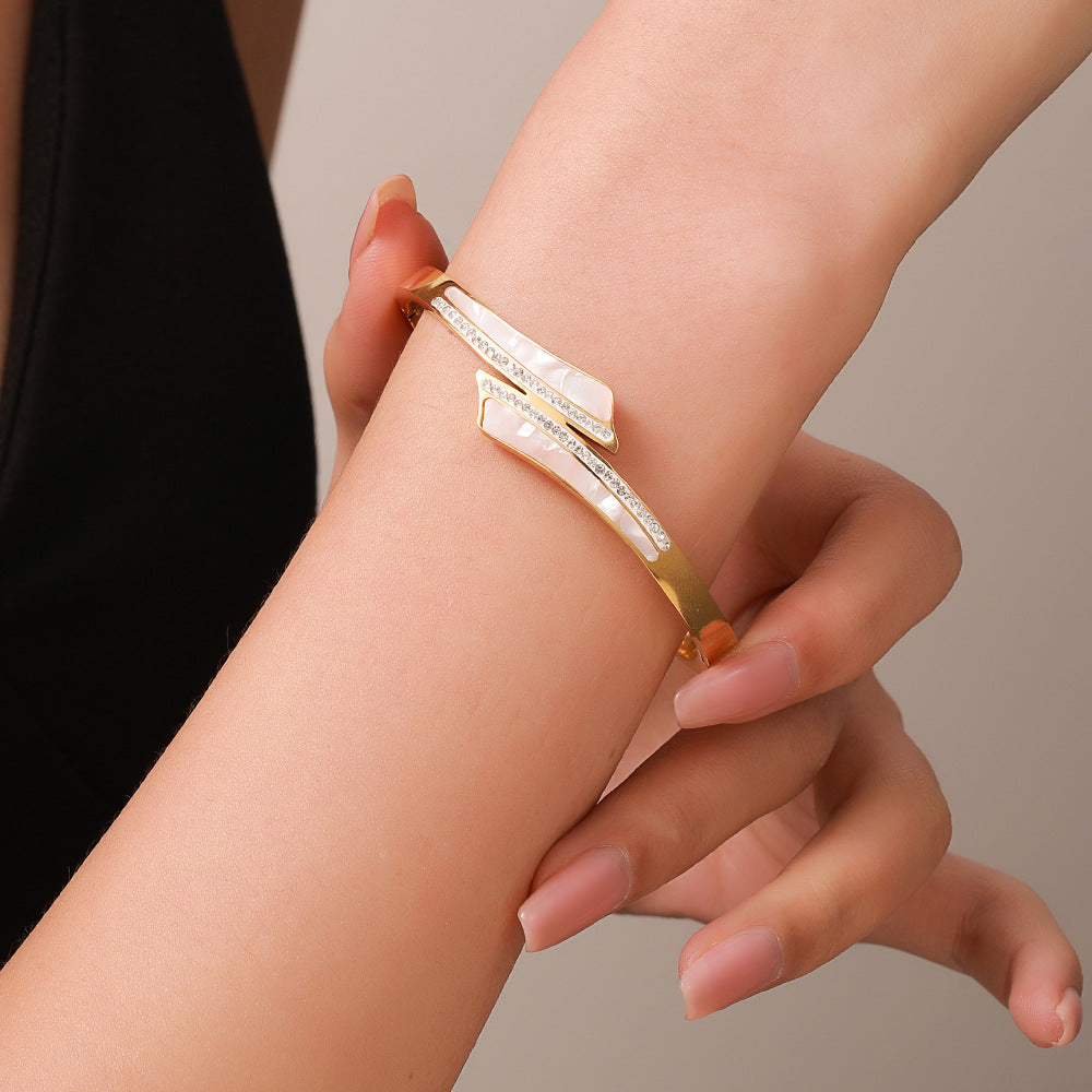 Cross Shape Titanium Steel Bracelet with Shell Inlay Plated Finish Open Cuff for Women