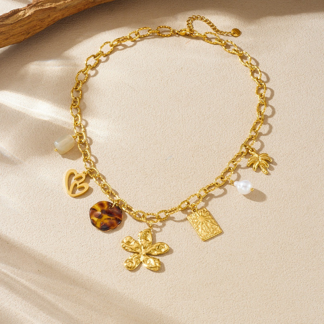 Vintage Gold Plated Stainless Steel Heart Floral Leopard Print Charm Bar Necklace for Women