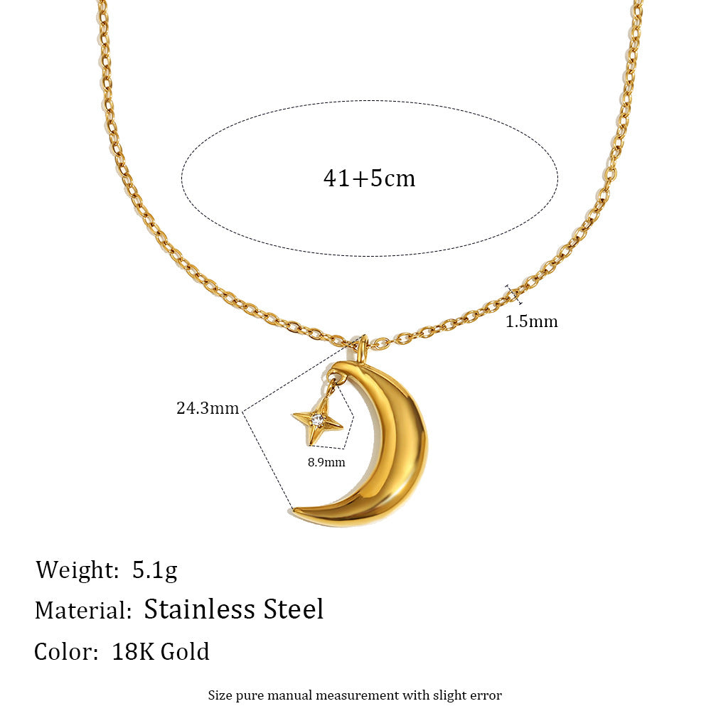 Minimalist Moon and Star Pendant Necklace in Stainless Steel with 18K Gold Plating for Women