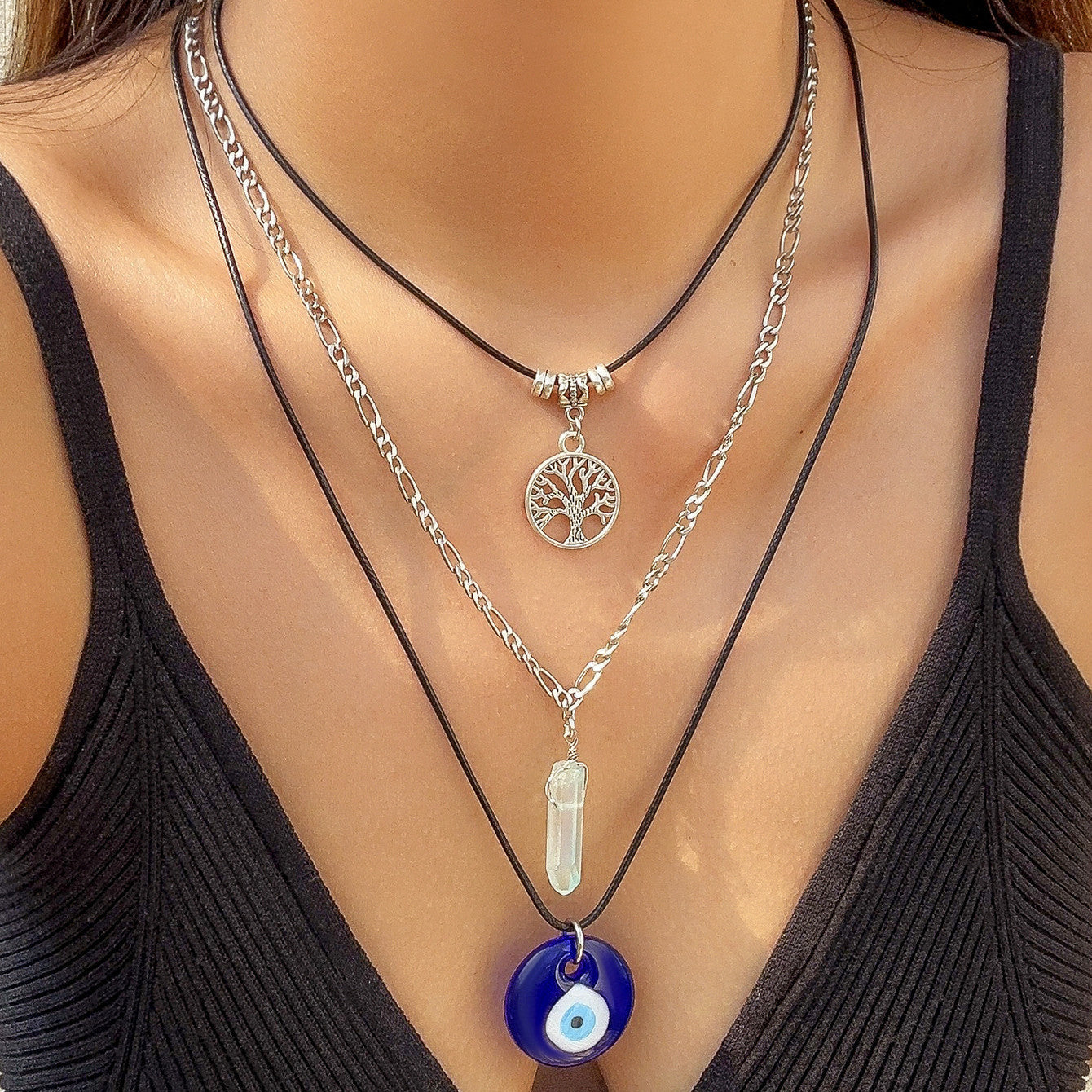 Collana vintage a U con perline in lega con occhio di Allah e perla da donna